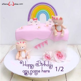 cute teddy half birthday cake design with name