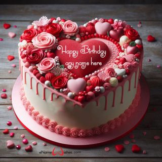 heart shape birthday cake with flowers with name