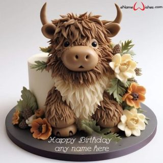 highland cow birthday cake with name edit